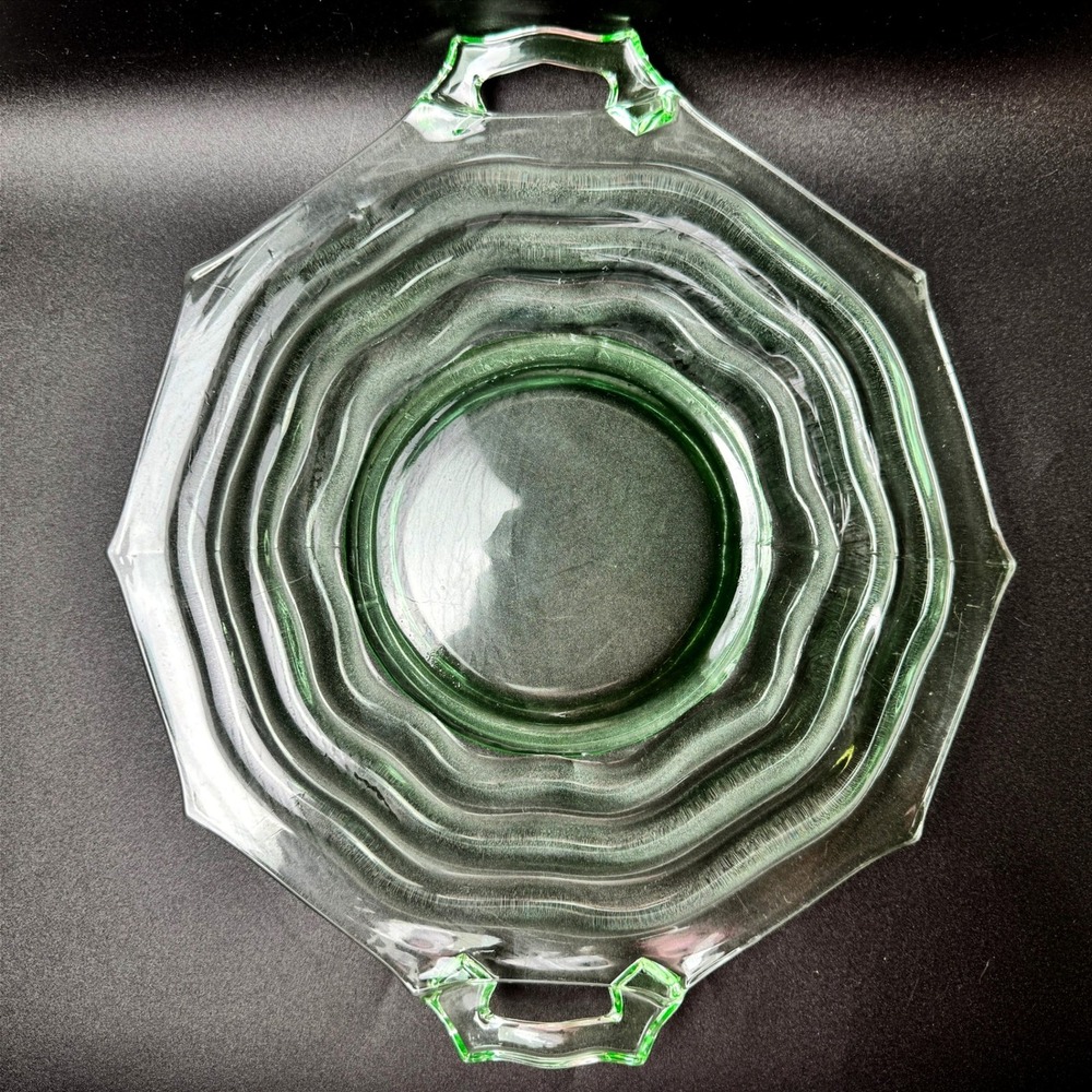 Jenkins Ocean Wave Uranium Glass Handled Cake Plate Platter #190 Depression - Picture 5 of 16